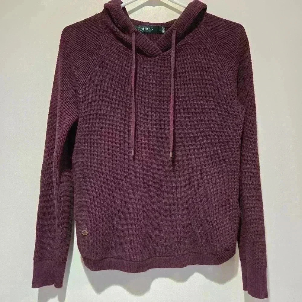 Ralph Lauren Women's Knit Hoodie Sweater Burgundy Sleeve Drawstring Size SP #131